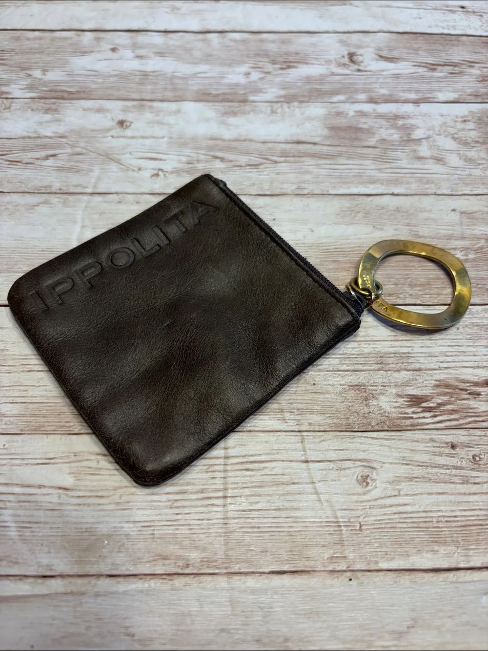 Ippolita Black Leather Zip Key Pouch with Gold Keyring